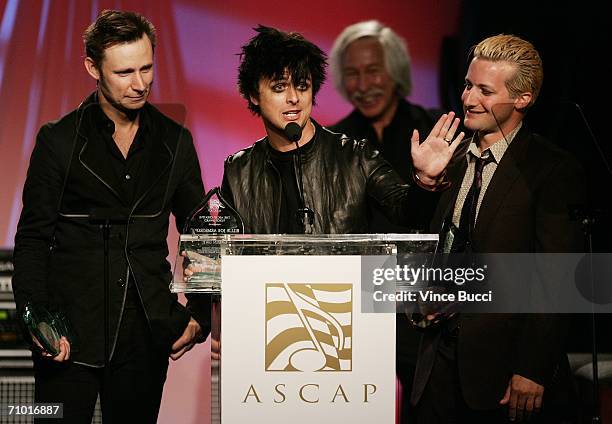 Mike Dirnt, Billie Joe Armstrong and Tre Cool of the band Green Day accept the Creative Voice Awards at the 23rd Annual ASCAP Pop Music Awards on May...