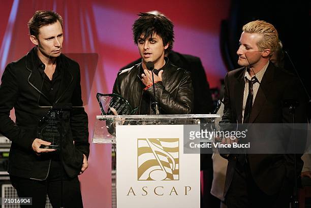 Mike Dirnt, Billie Joe Armstrong and Tre Cool of the band Green Day accept the Creative Voice Awards at the 23rd Annual ASCAP Pop Music Awards on May...