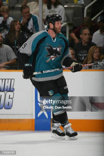 Joe Thornton of the San Jose Sharks skates during game five of the Western Conference Semifinals against the Edmonton Oilers on May 14, 2006 at the...