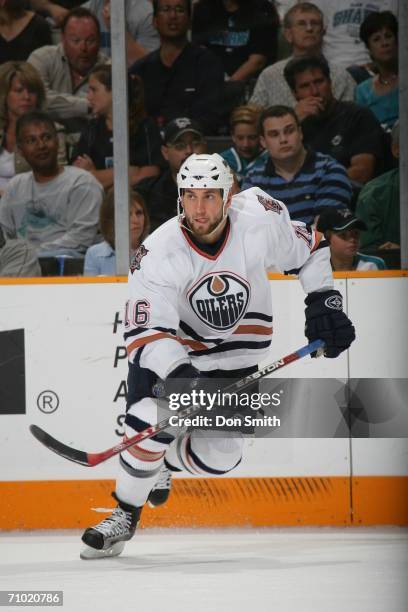 Jarret Stoll of the Edmonton Oilers skates during game five of the Western Conference Semifinals against the San Jose Sharks on May 14, 2006 at the...