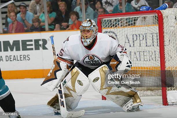 Goaltender Dwayne Roloson of the Edmonton Oilers readies for a shot during game five of the Western Conference Semifinals against the San Jose Sharks...