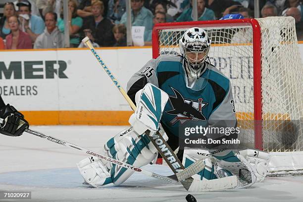 Vesa Toskala of the San Jose Sharks blocks a shot during game five of the Western Conference Semifinals against the Edmonton Oilers on May 14, 2006...