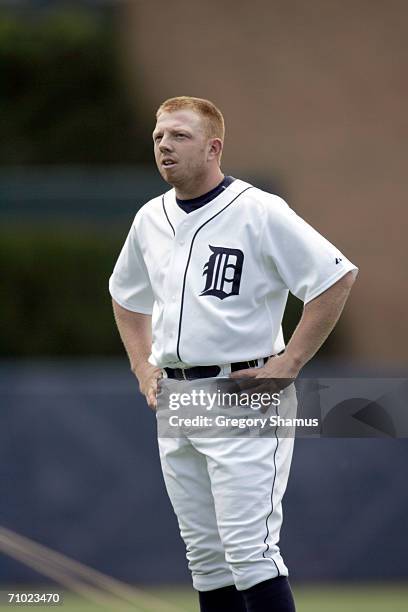 Chris Shelton of the Detroit Tigers looks on against the Minnesota Twins on May 18, 2006 at Comerica Park in Detroit, Michigan. The Tigers won 5-3.