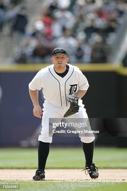 Chris Shelton of the Detroit Tigers plays first base against the Minnesota Twins on May 18, 2006 at Comerica Park in Detroit, Michigan. The Tigers...