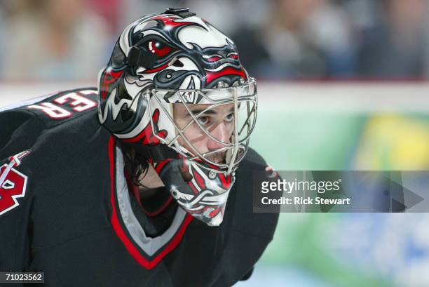 Ryan Miller of the Buffalo Sabres looks on against the Ottawa Senators in game three of the Eastern Conference Semifinals during the 2006 NHL...