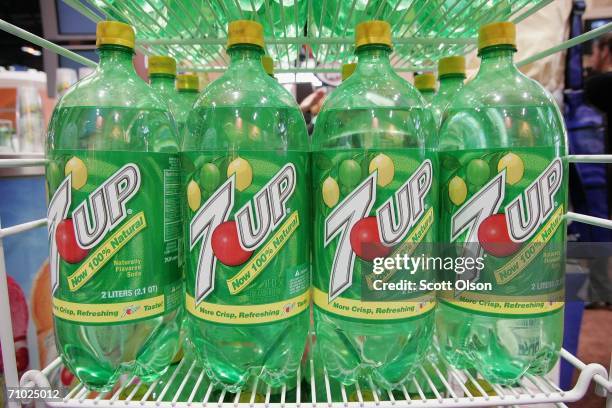 Bottles of reformulated "100% Natural" 7-Up soda are displayed by Cadbury Schweppes at the National Restaurant Association's annual trade show May...