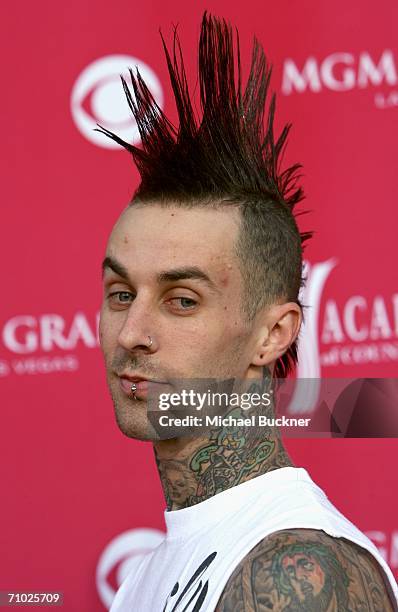Drummer Travis Barker of the band Blink 182 arrives at the 41st Annual Academy Of Country Music Awards held held at the MGM Grand Garden Arena on May...