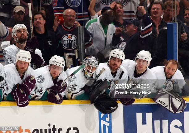 The bench of the Mighty Ducks of Anaheim watch in the final minute of play during the third period of game three of the Western Conference Finals...