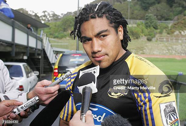 Ma'a Nonu talks to the media after a Hurricanes training session at Newtown Park May 24, 2006 in Wellington, New Zealand. The Hurricanes play the...