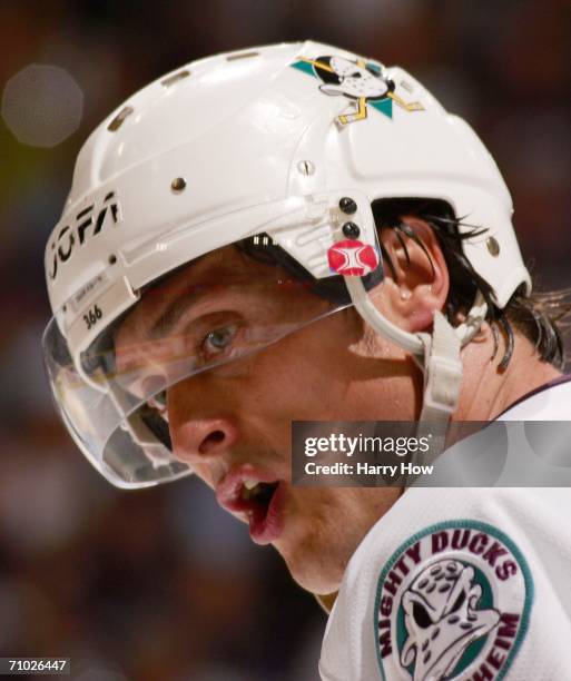 Teemu Selanne of the Mighty Ducks of Anaheim reacts to a disputed goal, which would later count to trail 5-4 against the Edmonton Oilers, in the...