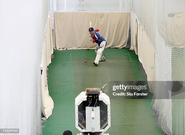 England captain Andrew Flintoff trains using the 'Merlyn' bowling machine during England Nets at the Indoor School at Edgbaston, on May 24, 2006 in...