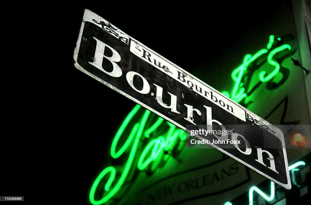 USA, Louisiana, New Orleans, Bourbon Street sign, low angle view