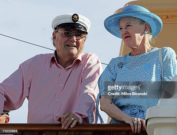 Queen Margrethe II of Denmark and Prince Consort Henrik arrive in the royal yacht 'Dannebrog' on May 24, 2006 in Athens, Greece. Queen Margrethe II...