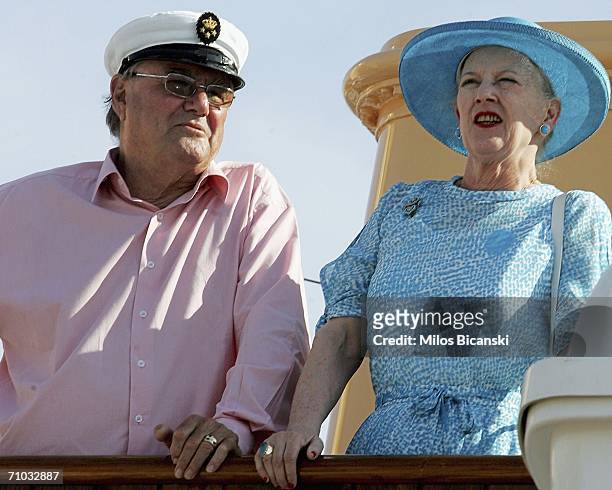 Queen Margrethe II of Denmark and Prince Consort Henrik arrive in the royal yacht 'Dannebrog' on May 24, 2006 in Athens, Greece. Queen Margrethe II...