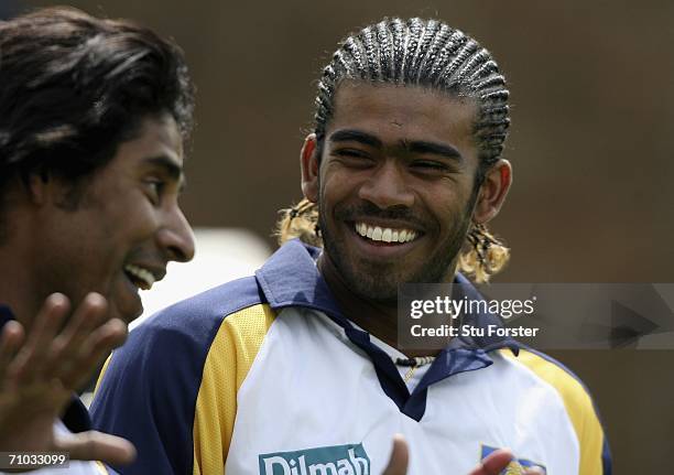 Sri Lankan bowler Lasith Malinga chats to Chaminda Vaas during the nets session at Edgbaston, on May 24, 2006 in Birmingham, England.