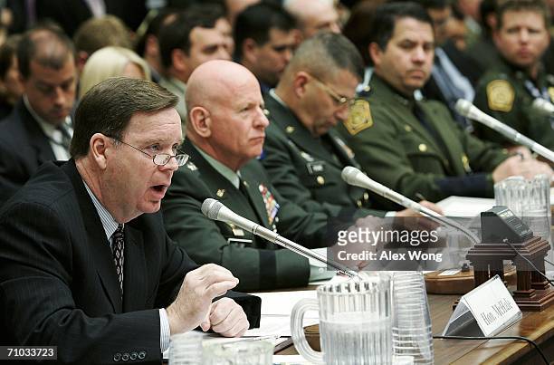 Assistant Secretary of Defense for Homeland Defense Paul McHale speaks as Chief of National Guard Lieutenant General Steven Blum, Director of...