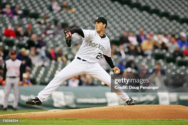 Jeff Francis of the Colorado Rockies pitches against the Cincinnati Reds at Coors Field on May 3, 2006 in Denver, Colorado. The Rockies defeated the...