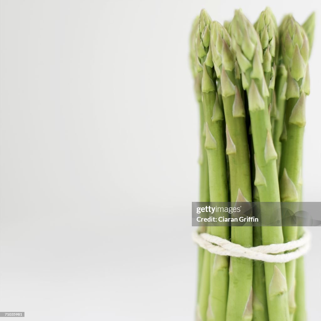 Close-up of a bunch of asparagus tied with string