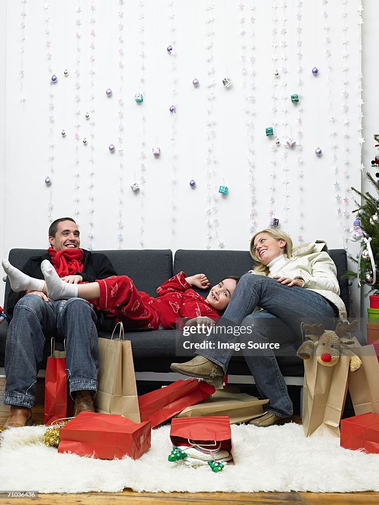 Couple exhausted after christmas shopping