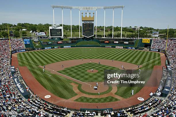 Kauffman Stadium is shown during the St. Louis Cardinals game against the Kansas City Royals on May 21, 2006 at Kauffman Stadium in Kansas City,...