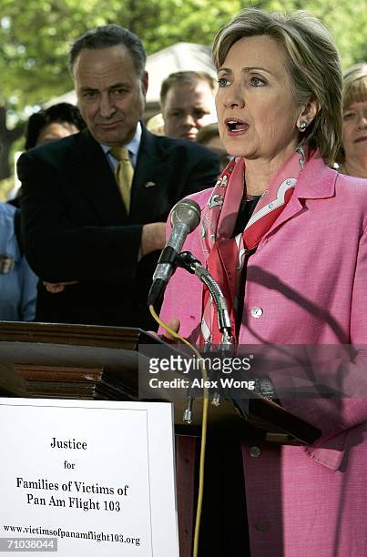 Senator Hillary Clinton speaks as U.S. Senator Charles Schumer looks on during a media conference on the 1988 bombing of the flight over Lockerbie,...