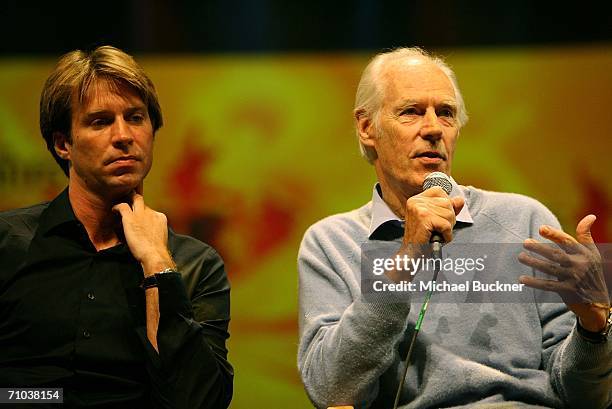 Music directors Giles Martin and Sir George Martin speak at the media viewing of The Beatles "Love" by Cirque du Soleil at The Mirage in Las Vegas on...