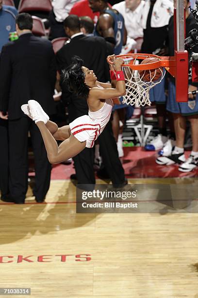 Houston Rockets Power Dancer dunks during a game between the Minnesota Timberwolves and the Houston Rockets at the Toyota Center on April 12, 2006 in...