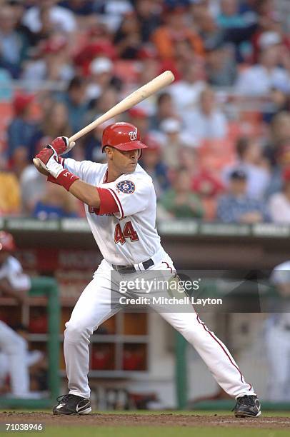 Alex Escobar of the Washington Nationals takes a swing during a game against the Baltimore Orioles on May 20, 2006 at RFK Stadium in Washington D.C....