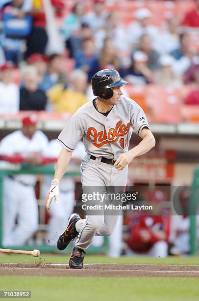 Brandon Fahey of the Baltimore Orioles takes a swing during a game against the Washington Nationals on May 20, 2006 at RFK Stadium in Washington D.C....