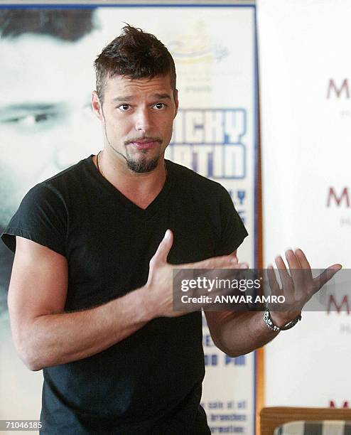 The grammy-winning international pop superstar, Ricky Martin gives a press conference 25 May 25 2006 in Beirut two days before his scheduled first...