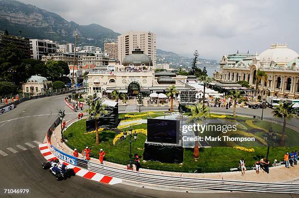 Mark Webber of Australia and Williams goes through Casino Square during practice for the Monaco Formula One Grand Prix at the Monte Carlo Circuit on...