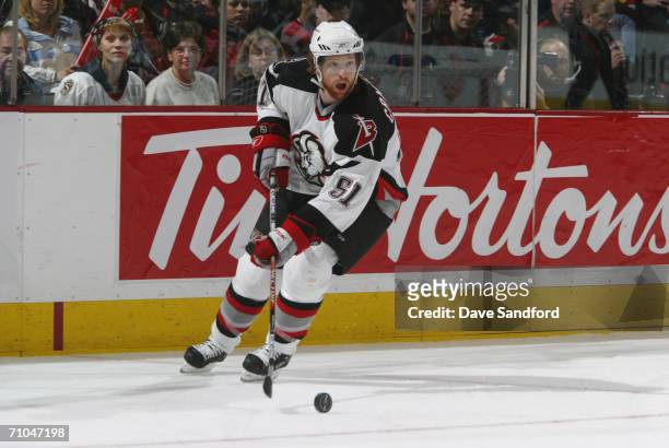 Brian Campbell of the Buffalo Sabres plays the puck against the Ottawa Senators in game five of the Eastern Conference Semi-finals during the 2006...