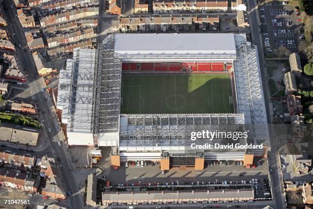 Terraced housing surrounds the home of Liverpool Football Club, Anfield, in this aerial photo taken on December 17, 2005 above Liverpool, England.