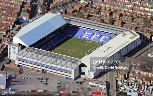 Terraced housing surrounds Everton Football Club's Goodison Park Ground in this aerial photo taken on February 20, 2006 above Liverpool, England.