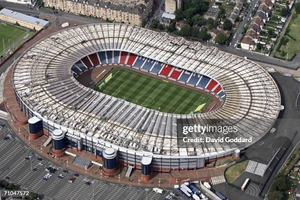 Scotland's national stadium, and home to Scottish club side Queen's Park, Hampden Park, dwarfs the neighbouring housing in this aerial photo taken on...