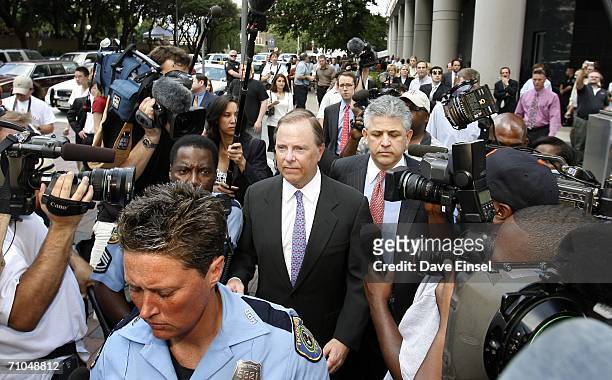 Former Enron CEO Jeff Skilling leaves the Bob Casey U.S. Courthouse with his attorney Daniel Petrocelli after the end of his fraud and conspiracy...