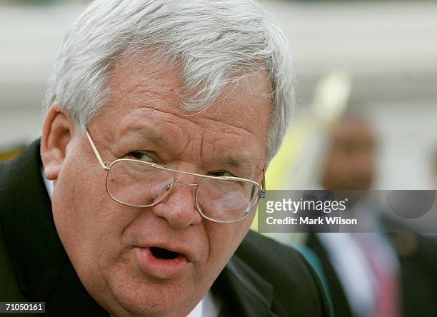 House Speaker Dennis Hastert speaks during a pre Memorial Day rally on the West Front of the U.S. Capitol building May 25, 2006 in Washington. At the...