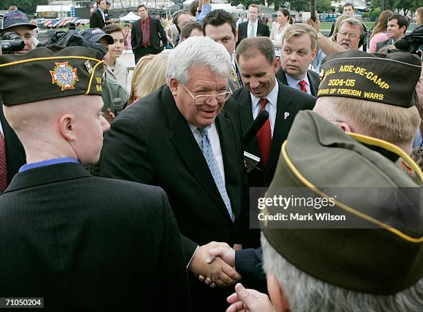 House Speaker Dennis Hastert greets veterans during a pre Memorial Day rally on the West Front of the U.S. Capitol building May 25, 2006 in...