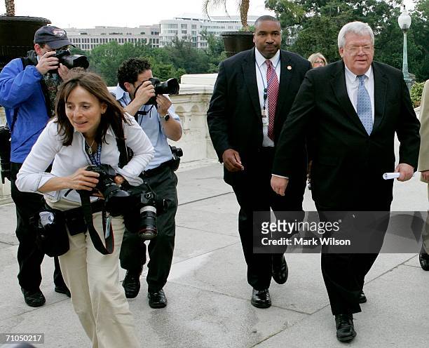 House Speaker Dennis Hastert walks toward the Capitol after speaking during a pre Memorial Day rally on the West Front of the U.S. Capitol building...