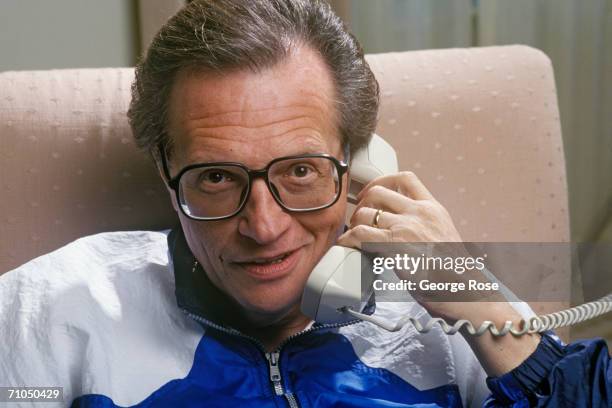 Talk show host Larry King poses in his hotel room during a 1990 Beverly Hills, California photo portrait session. King's one hour TV show is viewed...