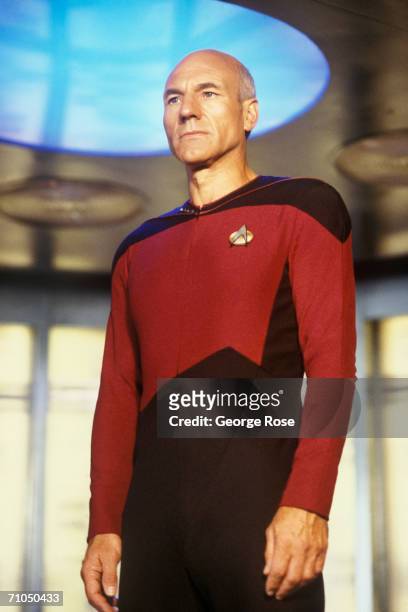 Patrick Stewart, star of TV's "Star Trek: The Next Generation," prepares to "engage" during filming at Paramount Studios in Hollywood, California in...