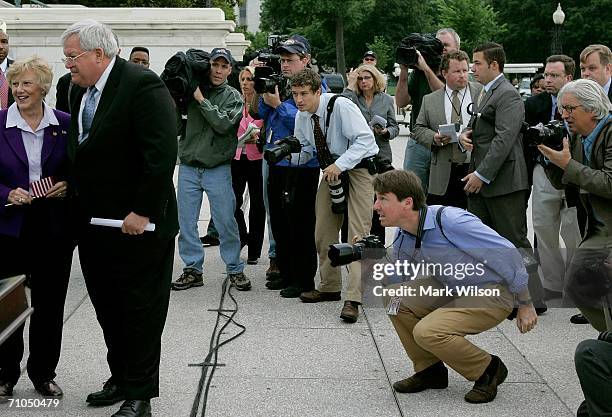 House Speaker Dennis Hastert walks up to the podium before speaking at a pre Memorial Day rally on the West Front of the U.S. Capitol building May...