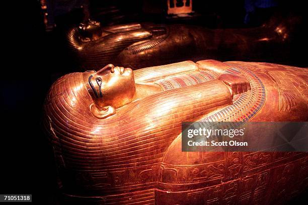 The coffin of Tjuya, a non-royal in-law of Amenhotep is displayed with the touring exhibit of Egypt's King Tutankhamun at the Field Museum May 25,...