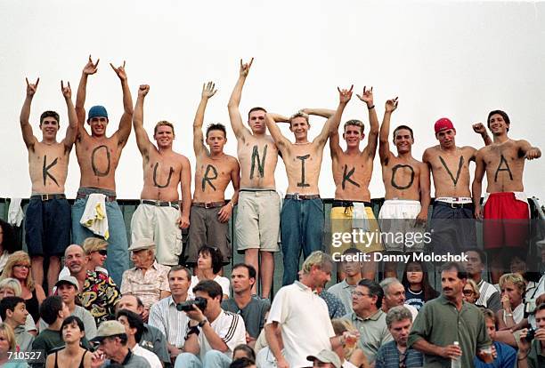 Young Male fans of Anna Kournikova paint her name on their chests they cheer from the stands during the Acura Classic, part of the WTA Tour at the La...