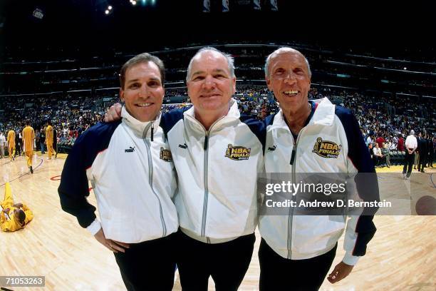 Referees Joe Crawford and Ron Garretson smile for a photo prior to game one of the 2001 NBA Finals on June 6, 2001 at the Staples Center in Los...