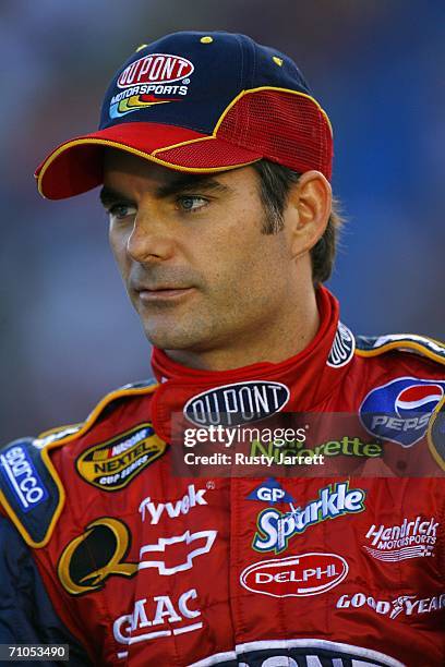 Jeff Gordon, driver of the DuPont Chevrolet, looks on during qualifying for the NASCAR Nextel Cup Series Coca-Cola 600 on May 25, 2006 at Lowe's...