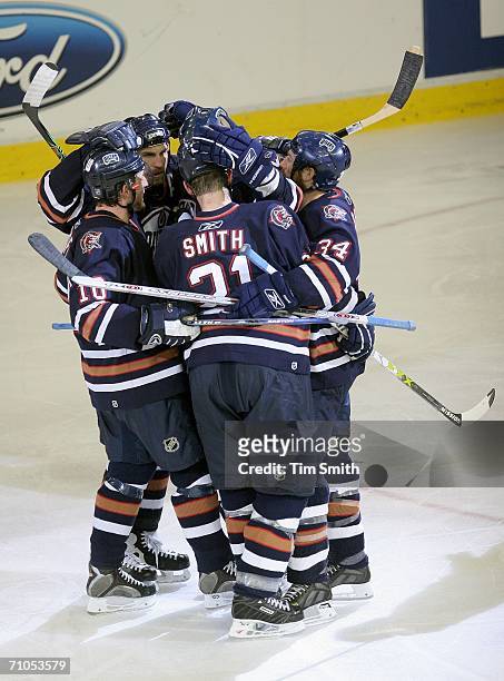 Ryan Smyth of the Edmonton Oilers celebrates scoring the Oilers' second goal with teammates over the Mighty Ducks of Anaheim during the second period...