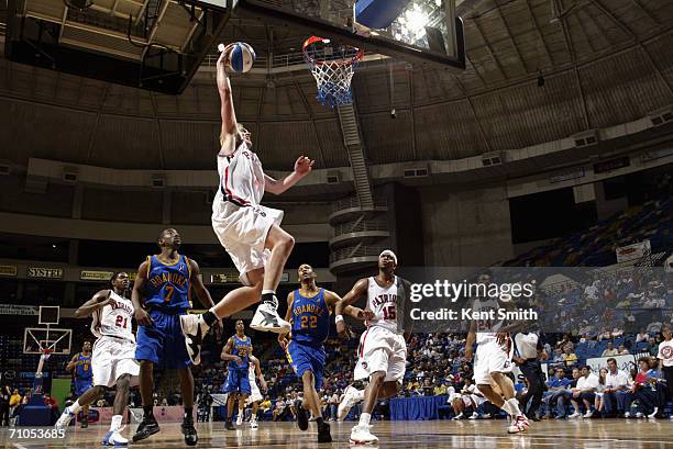 Rick Rickert of the Fayetteville Patriots elevates for a dunk during a game against the Roanoke Dazzle at Crown Coliseum on April 7, 2006 in...