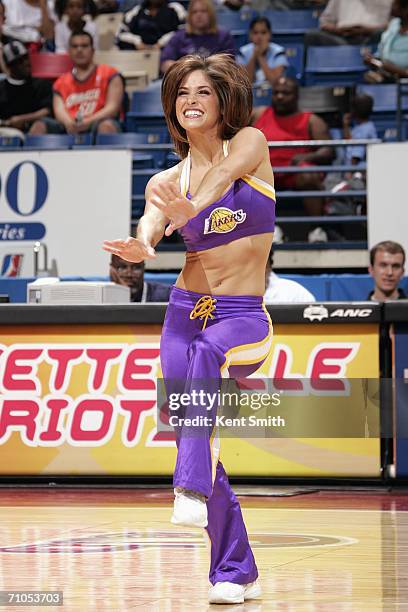 The Los Angeles Lakers Girls perform at half time during the game between the Fayetteville Patriots and the Roanoke Dazzle at Crown Coliseum on April...