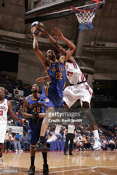 Bryant Matthews of the Roanoke Dazzle gets blocked by Amir Johnson of the Fayetteville Patriots during a game at Crown Coliseum on April 7, 2006 in...